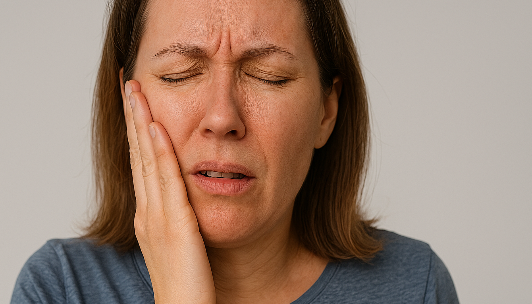 Kvinne med smertefullt uttrykk holder kinnet tett, øyne lukket, tydelig ubehag fra tannrelatert smerte i kjeven.