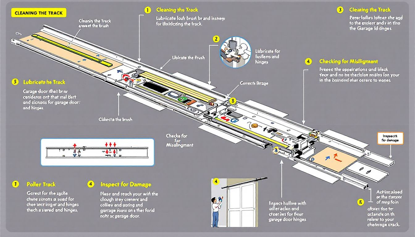 A visual representation of preventative maintenance tips for garage door tracks.