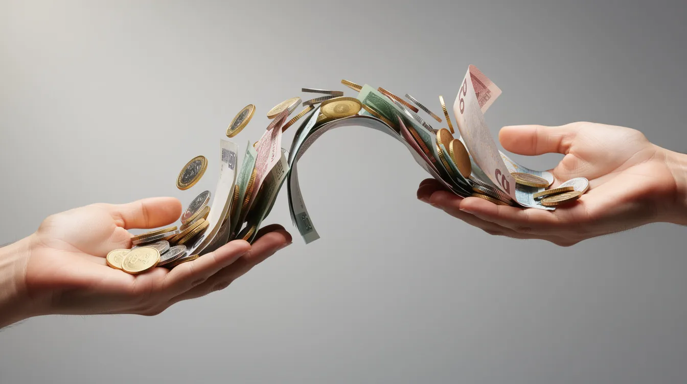 The image depicts coins and banknotes flowing between two open hands, symbolizing cash flow and the movement of money. This visual representation highlights the importance of payment solutions like WooCommerce payments and Stripe for managing transactions in both online and in-person sales.