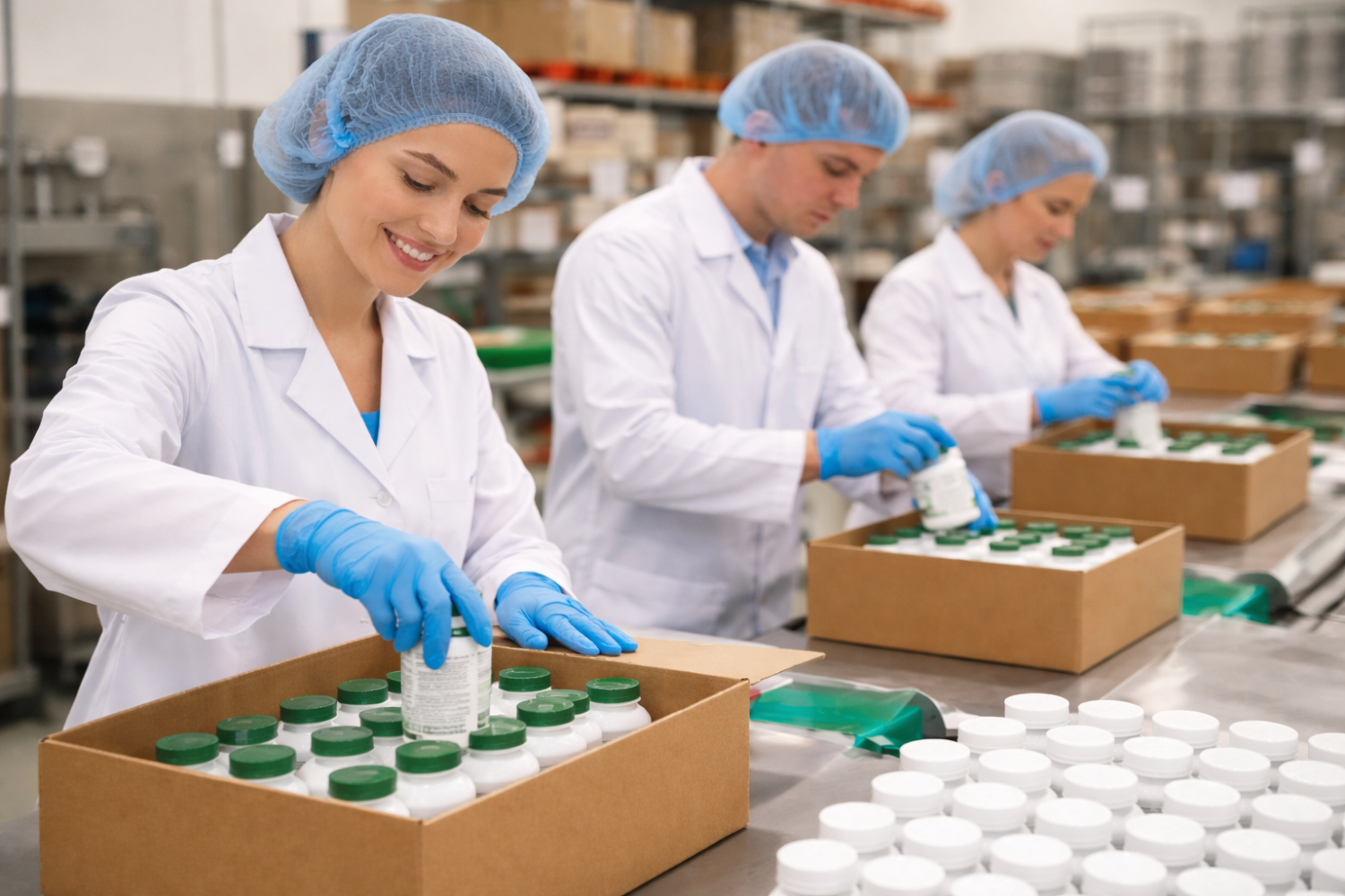 Workers in a cleanroom wearing hairnets and lab coats are packing white bottles with green lids into cardboard boxes on a conveyor belt.