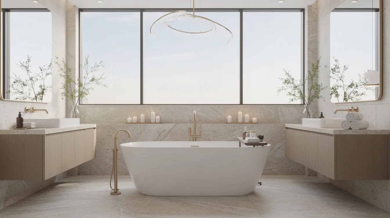 The image showcases an elegant primary bathroom featuring a luxurious freestanding tub surrounded by natural stone accents. The updated lighting and quality materials enhance the overall aesthetic, making it a perfect example of a bathroom renovation that combines style and functionality.