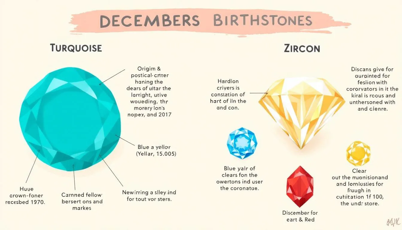 The image showcases the characteristics of December's birthstones, including the vibrant turquoise and the sparkling blue topaz, both of which are popular choices for December birthstone jewelry. The gemstones are depicted in various forms such as rings, earrings, and pendants, highlighting their beauty and value.