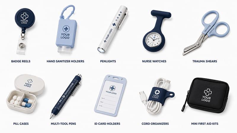 Healthcare staff accessories ranging from badge reels and penlights to nurse watches, trauma shears, pill cases, ID holders, and first aid kits