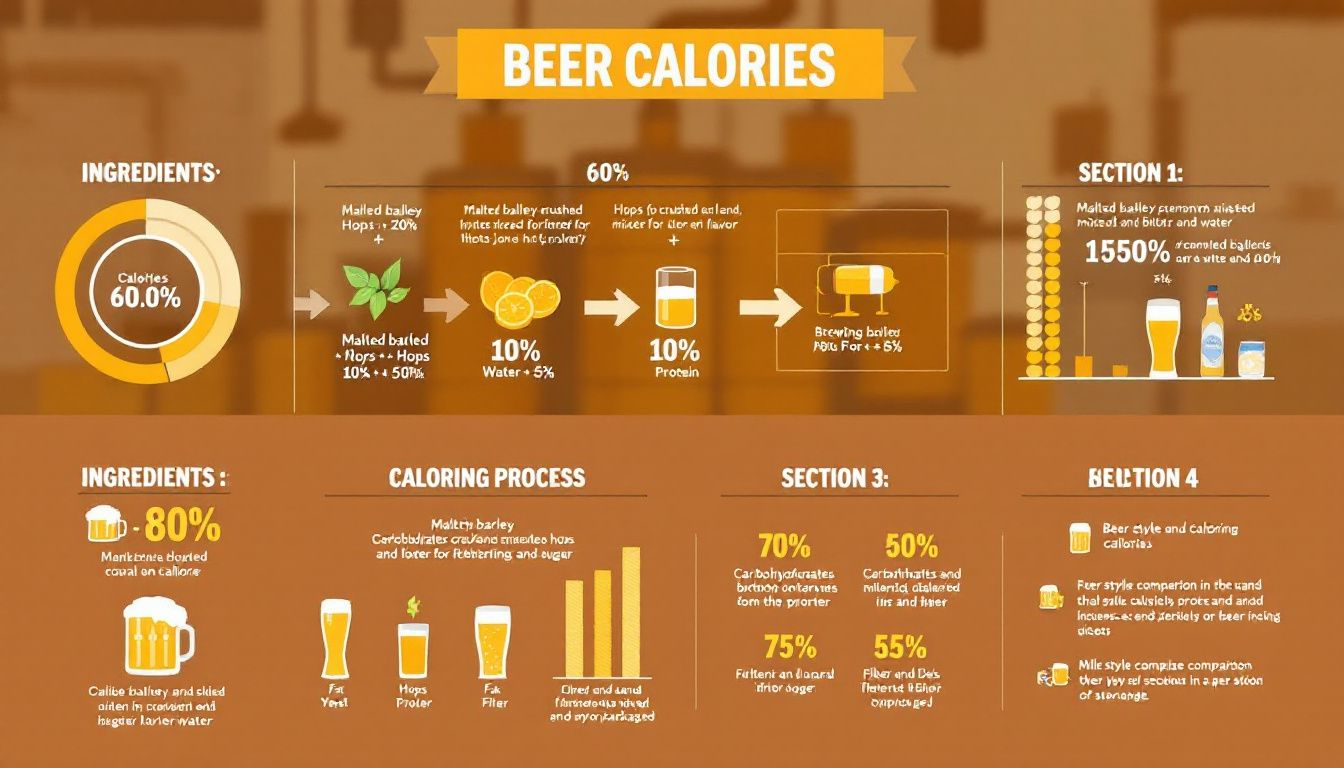 A chart illustrating where beer calories come from, including ingredients and brewing process.