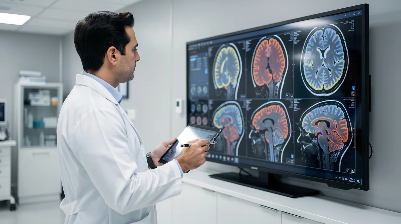 A medical professional in a white coat is intently examining brain scan images displayed on a large digital screen within a hospital setting. This scene highlights the use of advanced AI technology and data analysis in healthcare, showcasing how artificial intelligence solutions can assist in complex tasks and reduce human error in medical decision-making.
