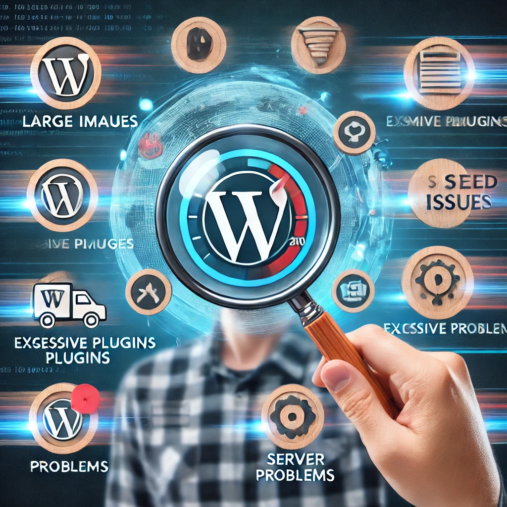 Página WordPress con problemas de velocidad resaltados, lupa y persona preocupada. | Posiciona.Digital