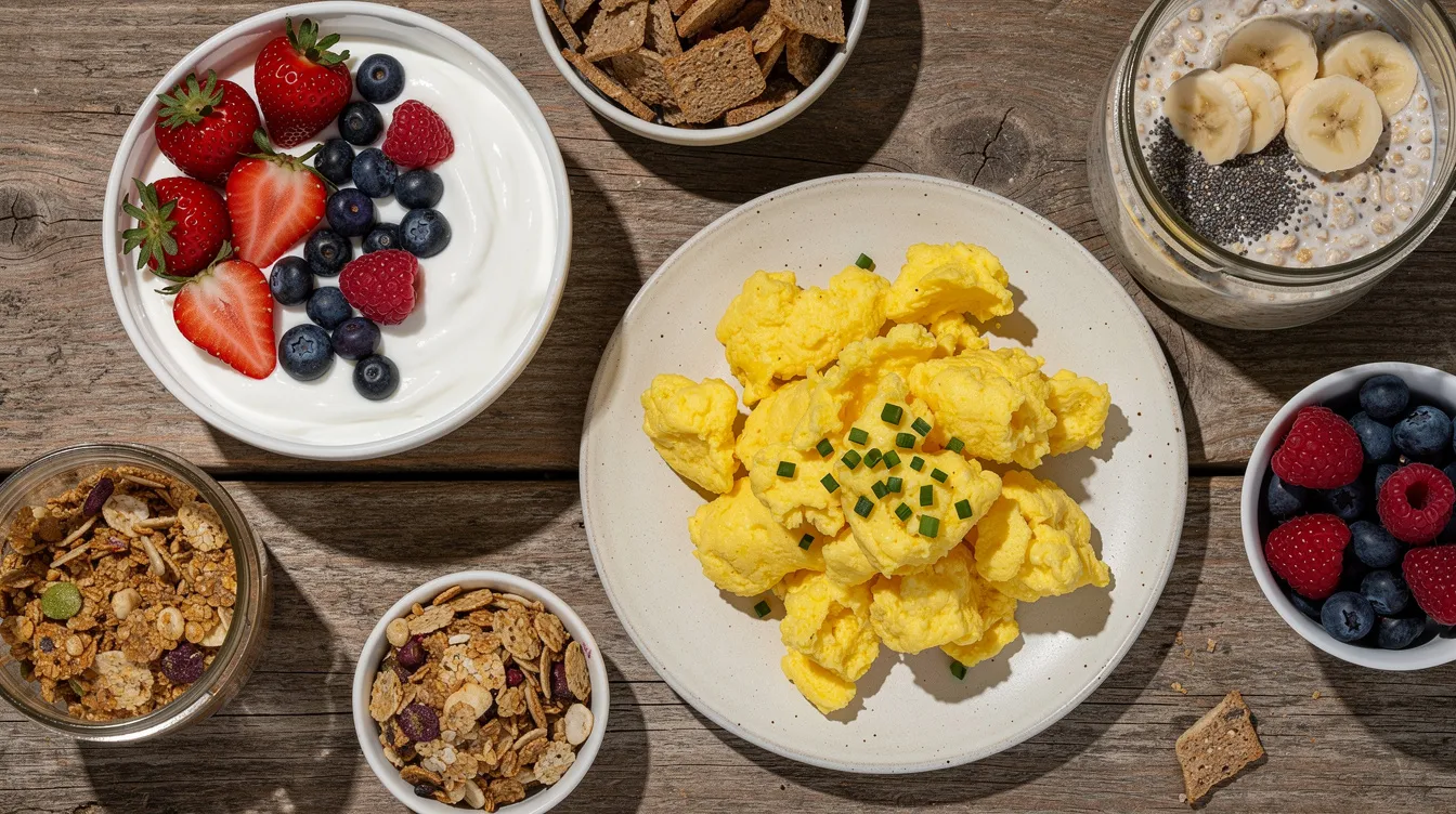 An overhead view of a wooden table showcases an assortment of breakfast bowls and plates, featuring creamy Greek yogurt topped with fresh berries, fluffy scrambled eggs, and nutritious overnight oats, all representing delicious high protein breakfast ideas for busy mornings. The vibrant colors and textures of the healthy breakfast foods create an inviting and energizing meal spread.