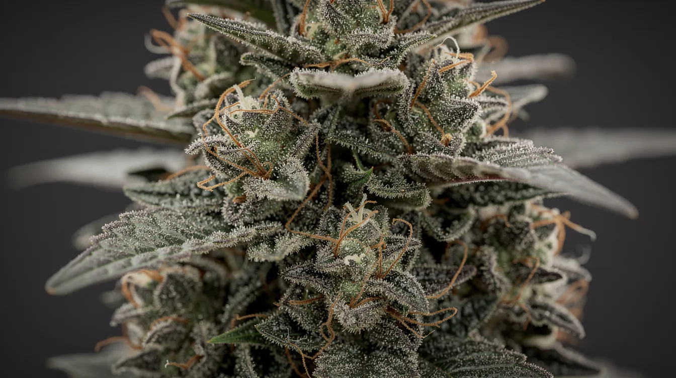 A close-up photograph showcases dense, dark green cannabis buds from the legendary Northern Lights strain, glistening with a thick layer of frosty white trichomes and accented by vibrant orange pistil hairs, highlighting its exceptional qualities and potency. This iconic strain is celebrated in the cannabis community for its deeply relaxing effects and widespread popularity among enthusiasts.