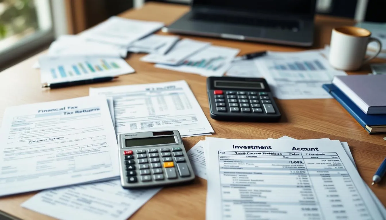 The image displays various financial documents, including tax forms and investment statements, which are essential for retirement planning and achieving financial goals. These documents serve as a foundation for creating a retirement blueprint, helping individuals make informed decisions about their financial future.