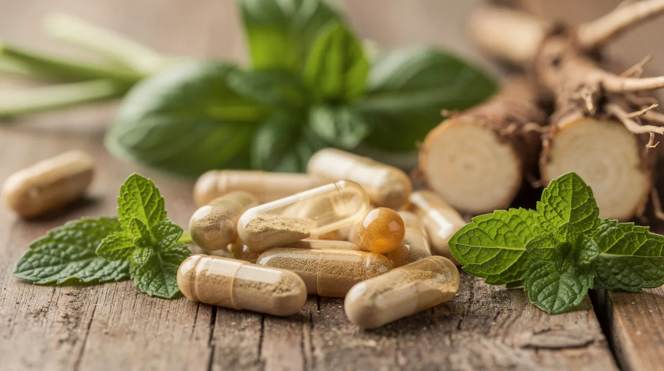 The image features a close-up view of herbal supplement capsules placed next to fresh green herbs and plant roots on a rustic wooden surface, highlighting natural ingredients that may support muscle growth and recovery. This arrangement suggests a focus on dietary supplements that promote lean muscle mass and overall fitness goals.