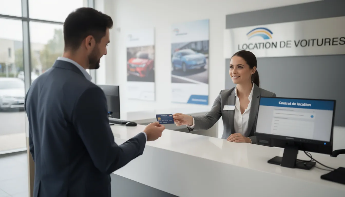 Une personne se tient au comptoir d'une agence de location de voiture, présentant une carte bancaire à un employé pour finaliser la location d'un véhicule. L'ambiance est professionnelle, avec des affiches sur les différentes options de location et les moyens de paiement acceptés.