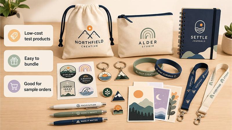 Low-cost merch items including pouches, stickers, keychains, wristbands, lanyards, pens, and notebooks.