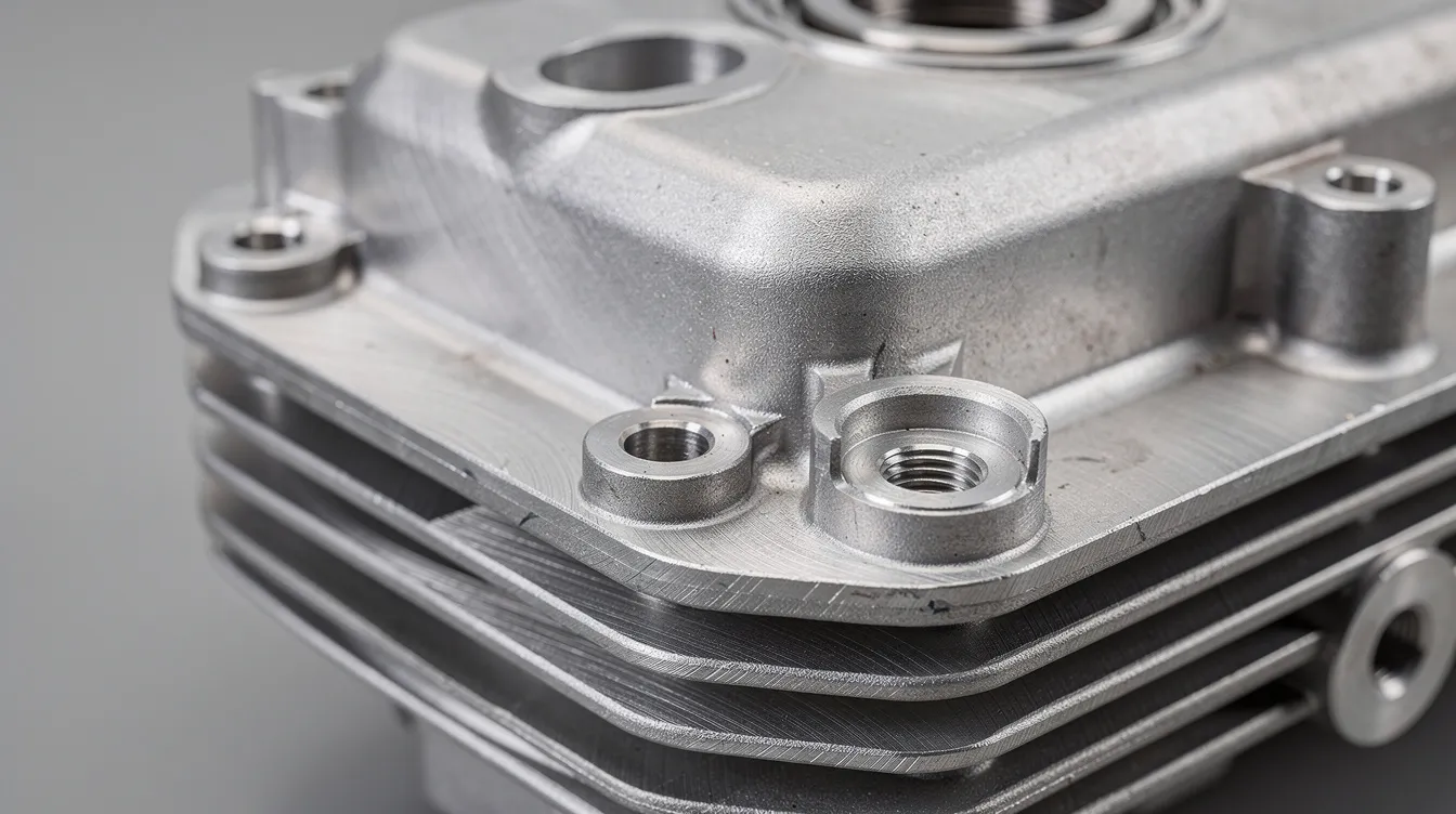 This close-up image showcases an aluminum die cast motor housing, highlighting its clean machined surfaces, well-defined mounting bosses, and intricate cooling fins. The precision casting process used in creating this part reflects the high-quality standards of top die casting companies in China, emphasizing the importance of advanced die casting machines in industrial applications.