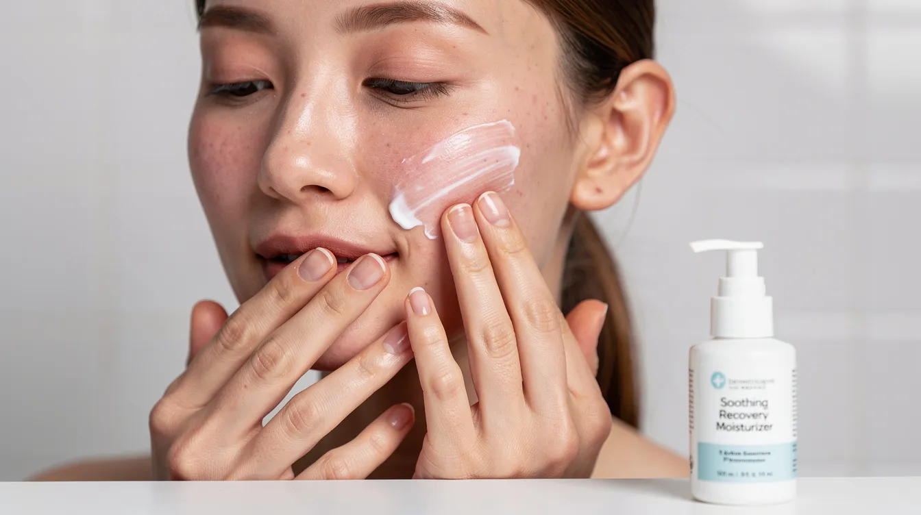 A person gently applies a moisturizer to their skin during the recovery process after laser skin resurfacing treatment, focusing on improving skin texture and supporting optimal healing. The moisturizer helps soothe sensitive skin and enhance the skin's appearance as it heals from the effects of laser energy.