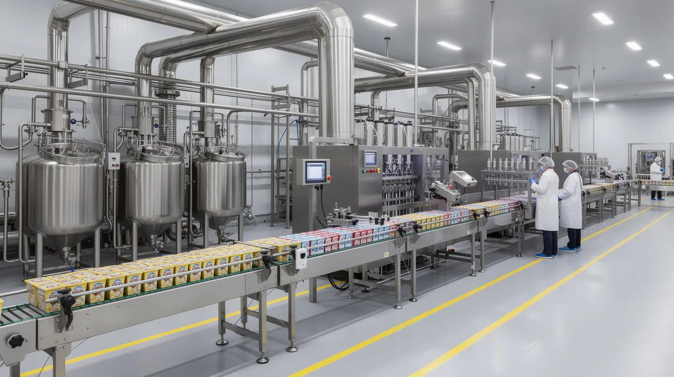 adeae2d0 4131 470d 9b44 b00d2df2f384 The image shows a modern ice cream production line in a clean factory environment, featuring stainless steel tanks, pipes, and conveyor belts designed for efficient ice cream manufacturing. This setup highlights the importance of production efficiency and food safety in the ice cream factory process.