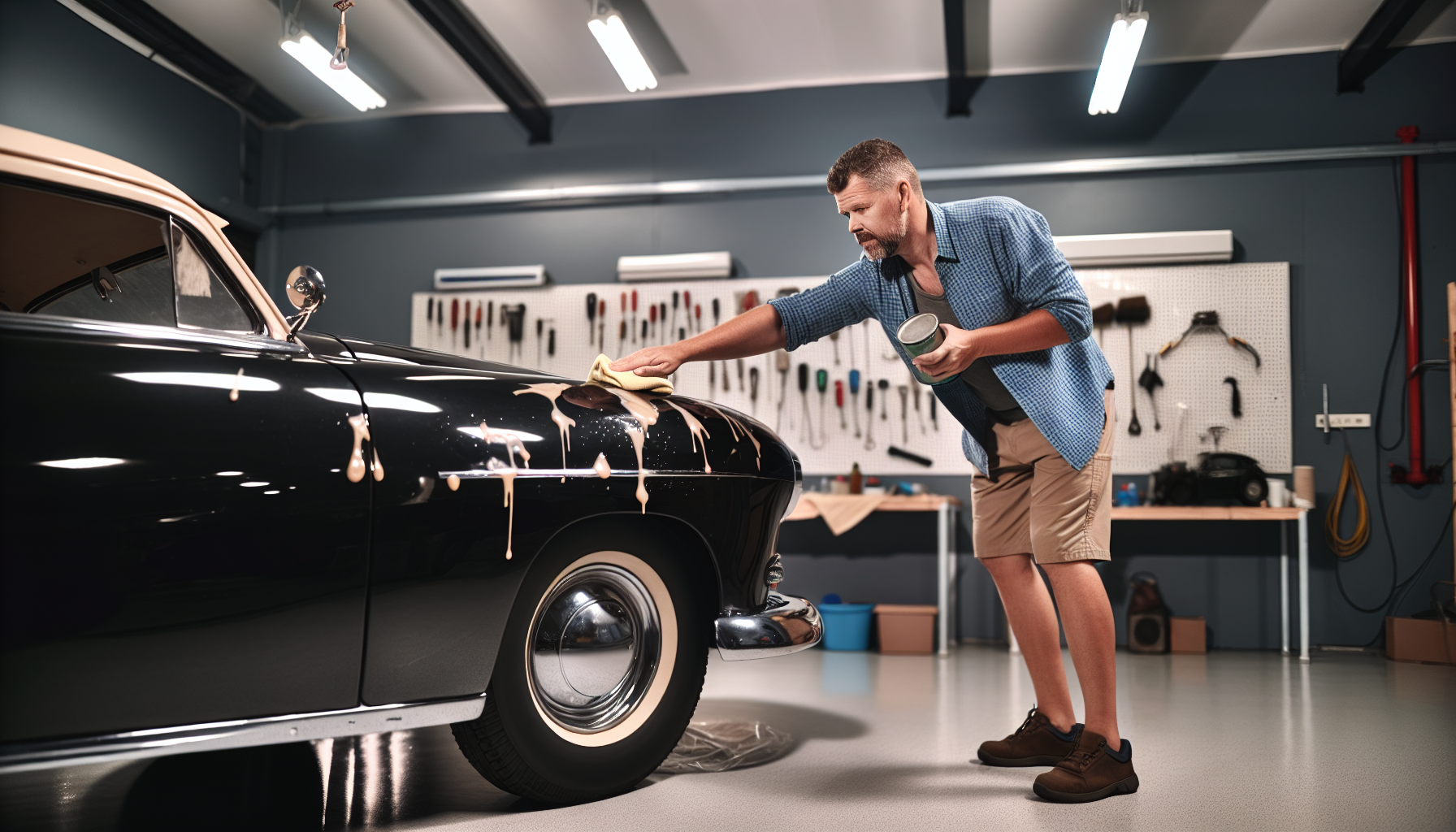 Car owner applying wax to the vehicle