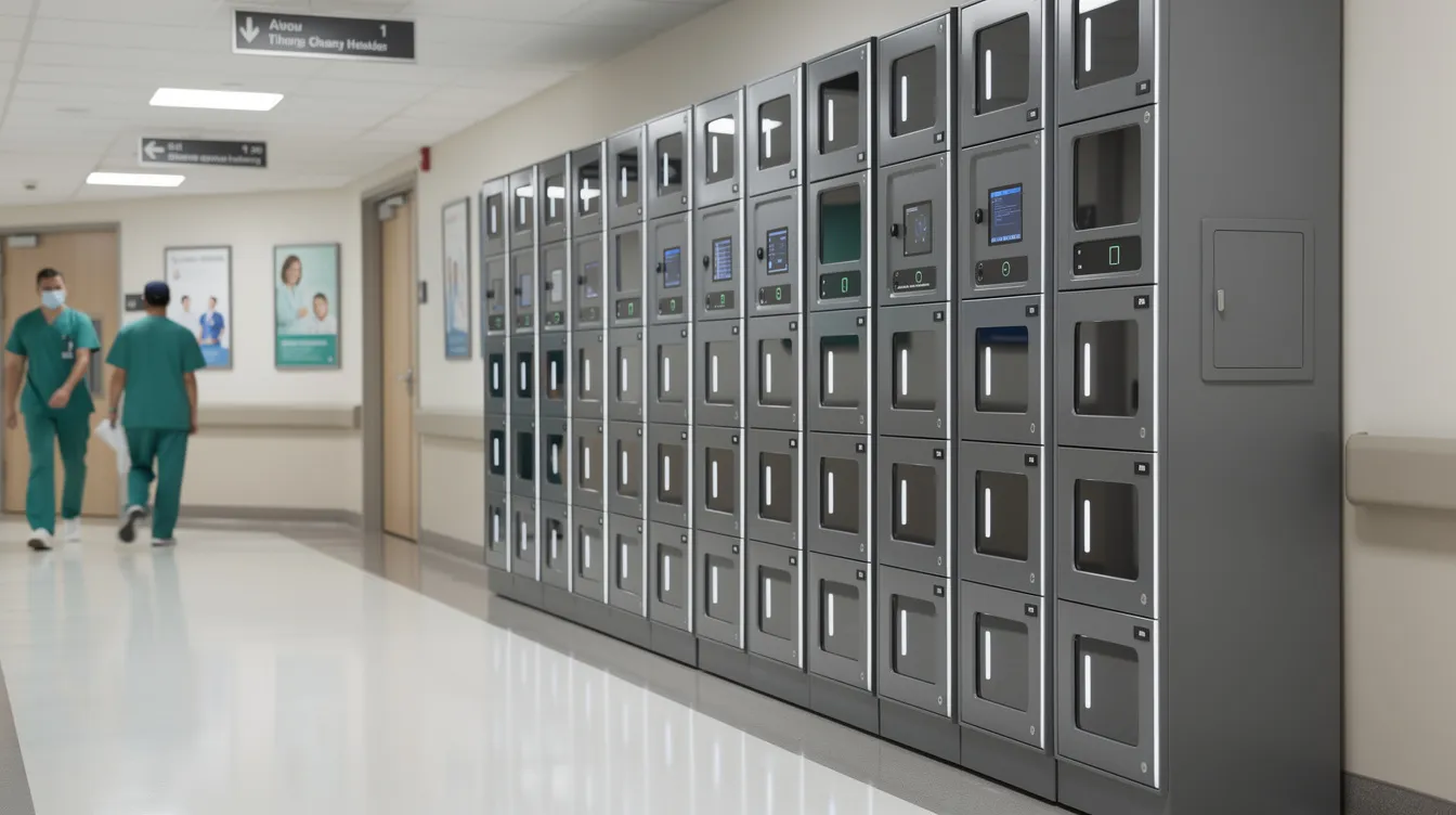 The image depicts multiple smart charging lockers installed along a hallway in a healthcare facility, designed for secure user access to charge devices while ensuring compliance with regulatory requirements. These lockers are integral to maintaining data integrity and protecting sensitive data, contributing to the overall security posture of the facility.