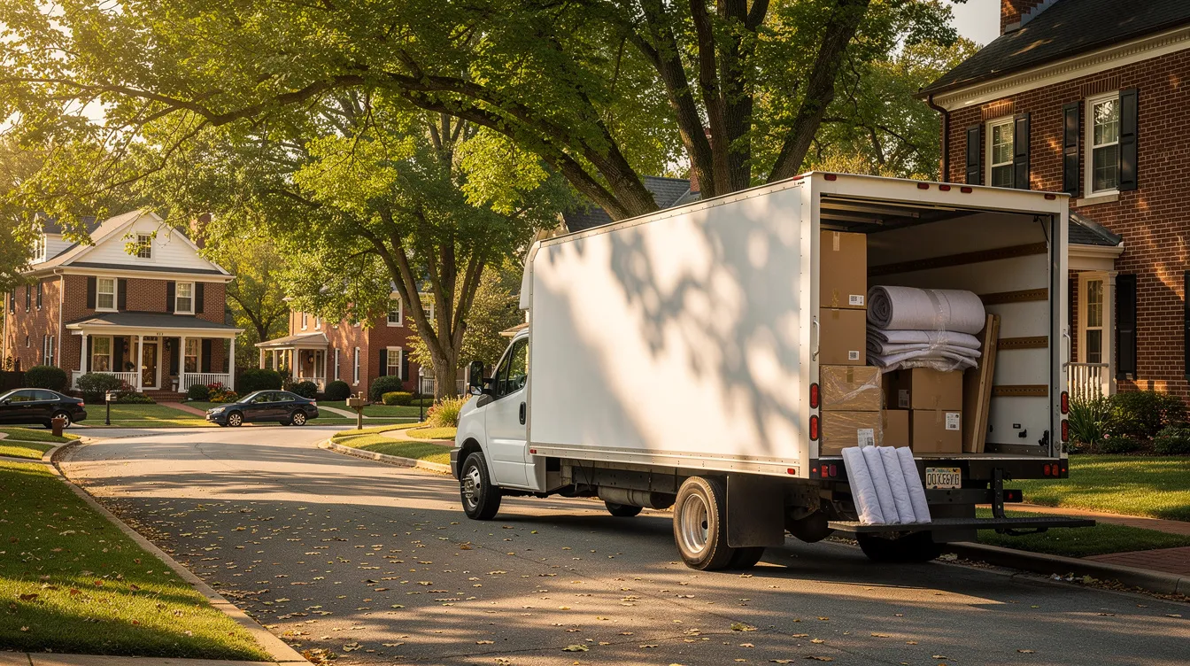 A professional moving truck is parked on a tree-lined residential street in Nashville, with charming brick homes visible in the background. This scene represents local moving services, highlighting the presence of reputable moving companies that assist with both local and long distance moves.
