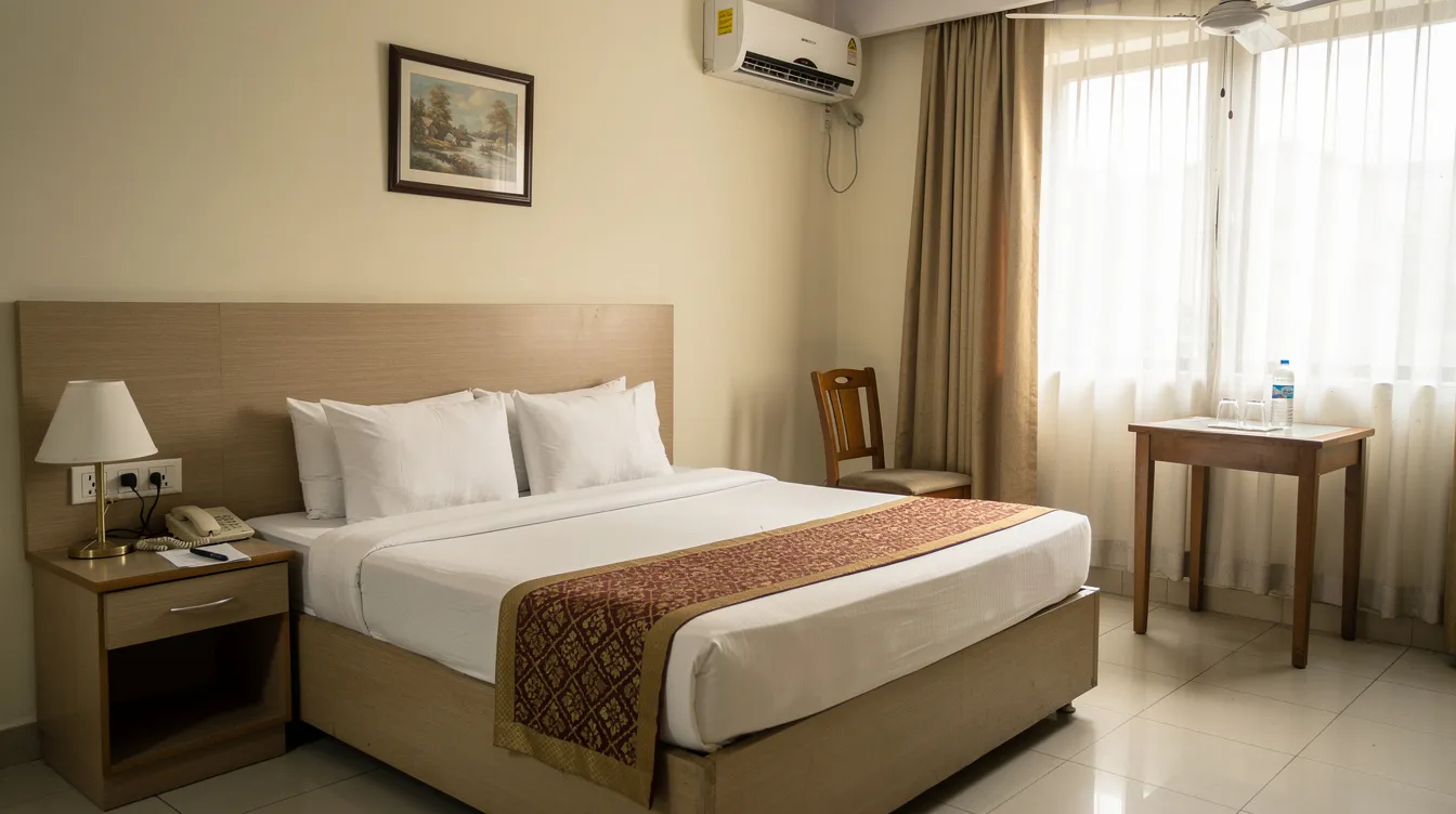 The image depicts the interior of a clean and well-furnished budget hotel room in a modest Indian hotel, featuring a comfortable double bed, a side table, and a window adorned with curtains. This inviting space reflects the hospitality industry’s commitment to customer satisfaction and affordable accommodation options.