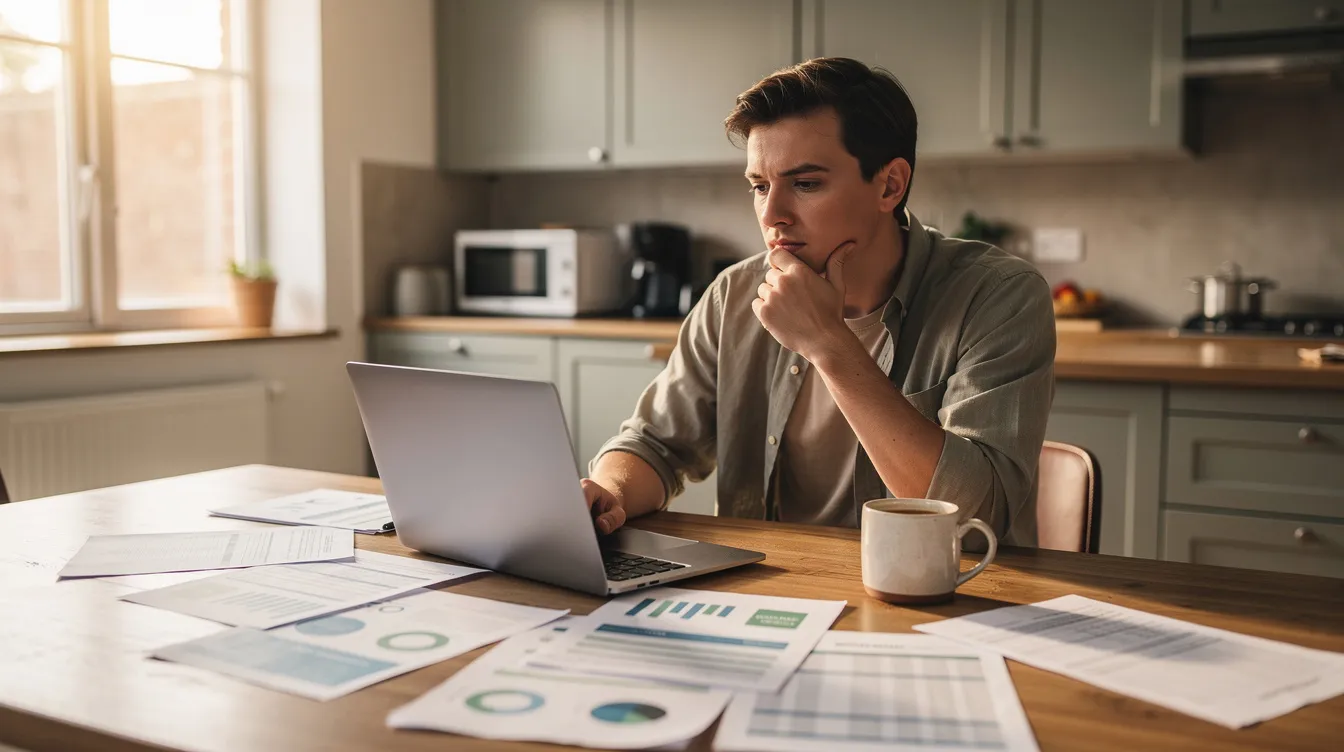 A thoughtful person sits at a kitchen table, surrounded by scattered financial documents and a laptop, contemplating their financial situation and options for applying for a loan. The scene suggests a focus on personal finance, possibly involving considerations of private loans and credit scores.