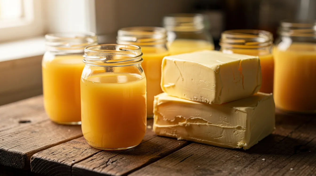 The image features an arrangement of glass jars filled with golden ghee alongside blocks of butter on a rustic wooden table, showcasing the rich, nutty taste of clarified butter. This scene highlights the essence of the ghee manufacturing process and its significance in the food processing industry.
