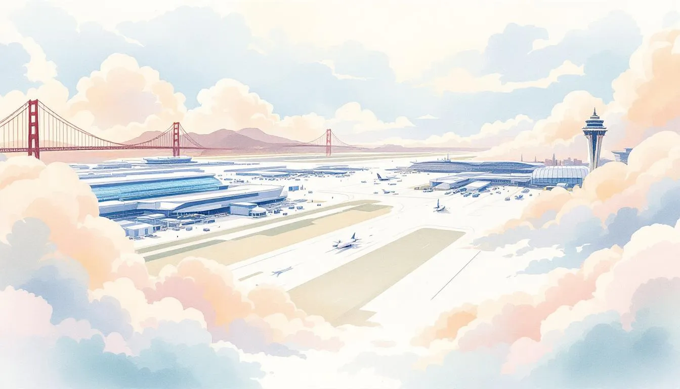 An aerial view of San Francisco International Airport and Paris Charles de Gaulle Airport.