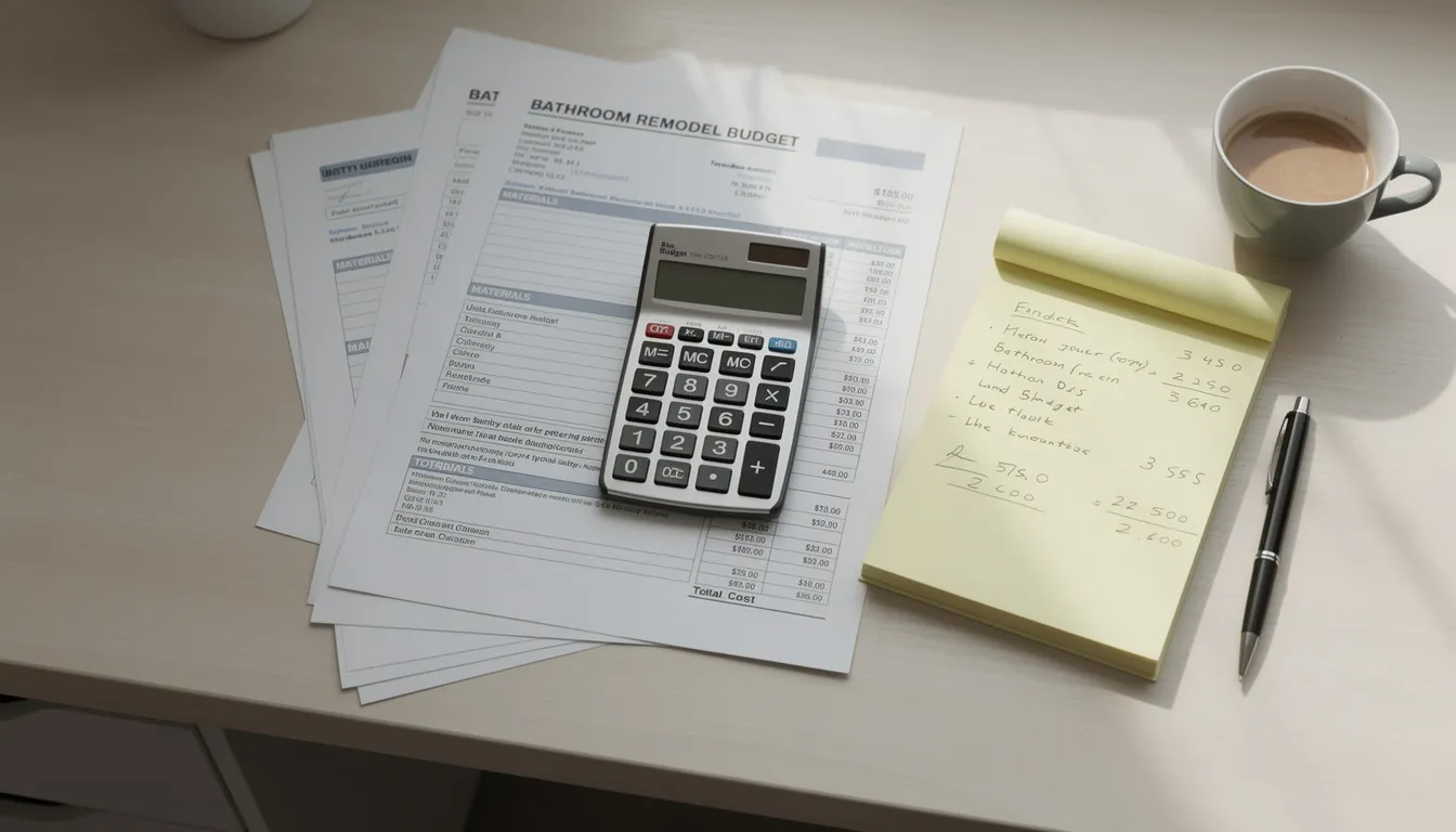 The image depicts a calculator alongside financial documents that outline a bathroom remodel budget, highlighting costs associated with new fixtures, installation, and financing options for a stylish renovation. This visual emphasizes the planning process necessary for a successful bathroom renovation project.