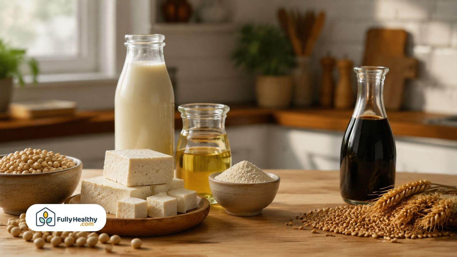 Soybeans tofu soy milk oil flour and soy sauce display