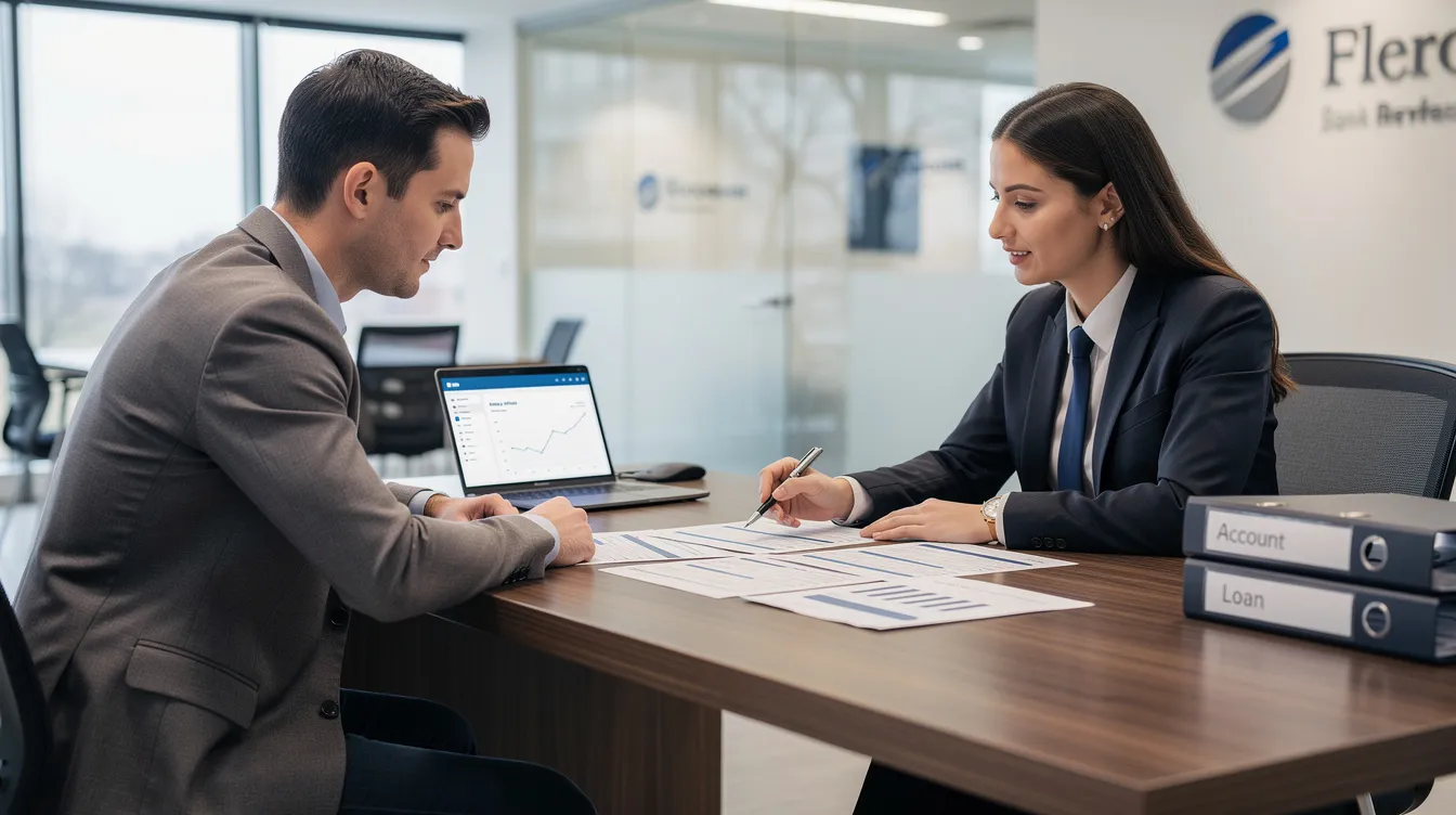 An entrepreneur is seated at a desk, discussing various documents with a bank officer, focusing on aspects like the business plan, financial projections, and the project's commercial aspects for a mudra loan. They are reviewing the detailed project report to assess the loan request and ensure financial viability for the proposed business idea.
