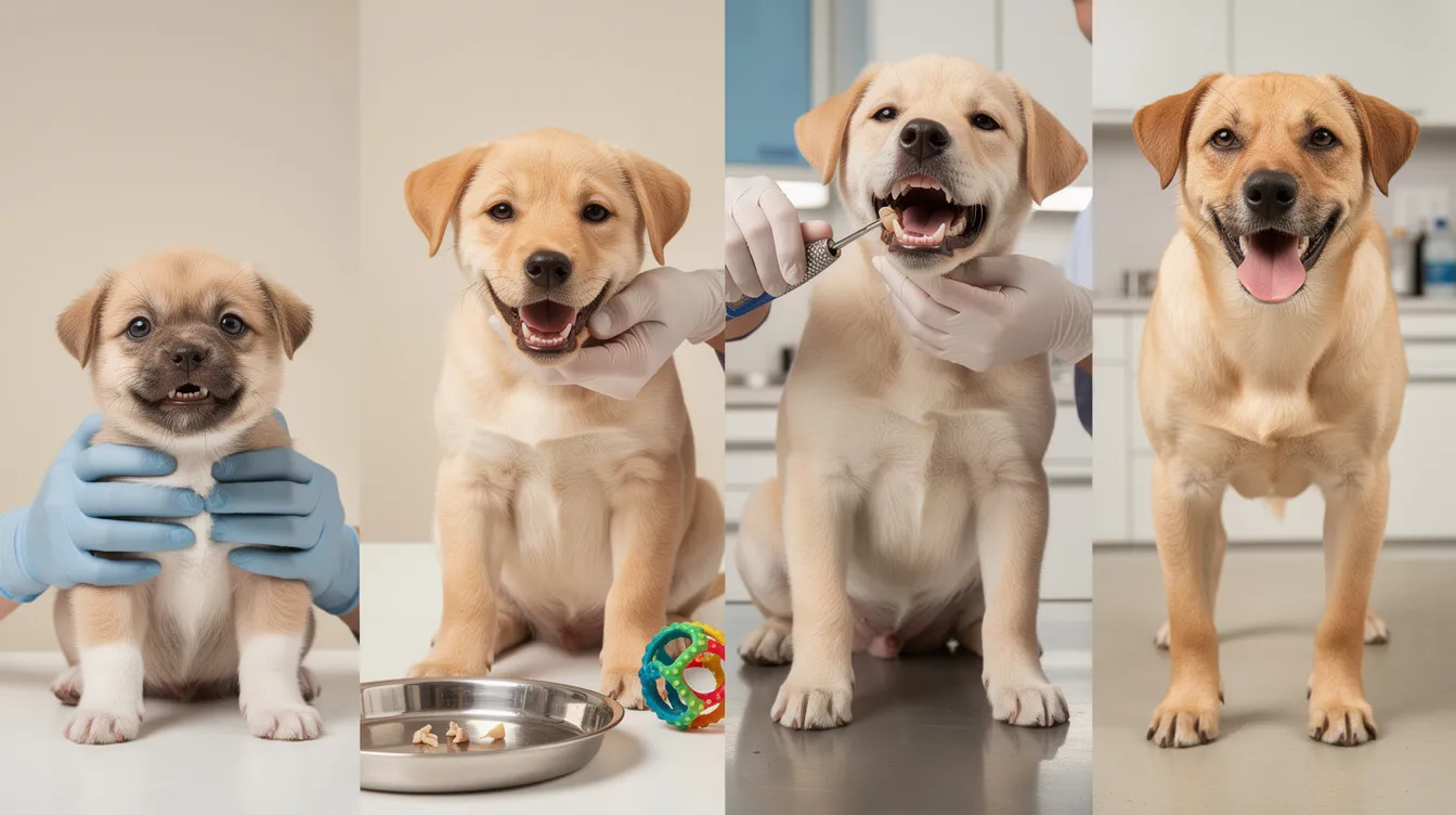 The image depicts a teething puppy with swollen gums and tiny baby teeth, surrounded by appropriate chew toys to help soothe its discomfort during the teething process. This visual illustrates the puppy's dental development, showcasing the transition from deciduous teeth to adult teeth as part of the natural teething timeline.