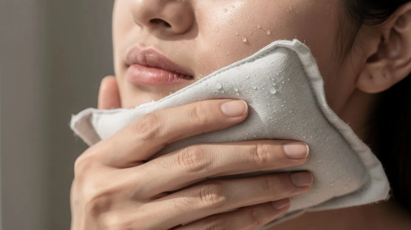 The image depicts a person gently holding a wrapped ice pack near their lower face, likely following lip filler injections to minimize swelling and bruising. This proper lip filler aftercare technique helps soothe the injection sites during the initial recovery period.