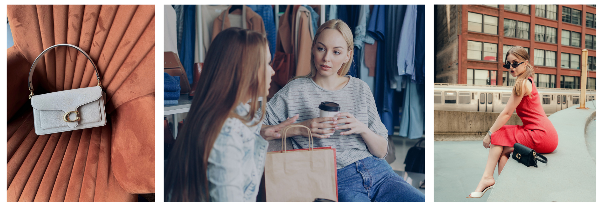A Tabby Coach purse in a chair, two woman talking in a clothing store with coffee, a woman sitting down posing with her Tabby Coach purse