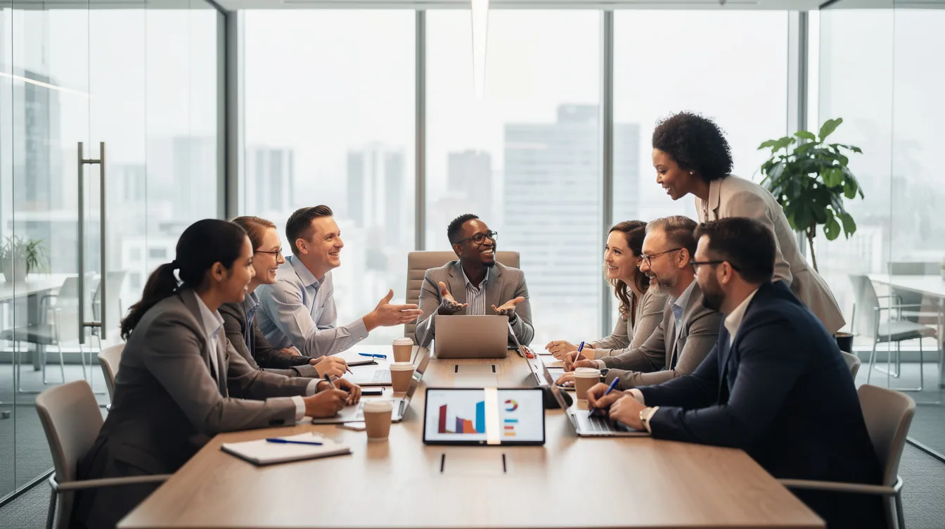 Une équipe de professionnels discute avec enthousiasme autour d'une table de réunion dans un bureau moderne, illustrant l'importance des interactions au travail pour renforcer l'estime de soi et le bien-être des employés. Cette scène met en avant la dynamique de groupe et la confiance en soi dans un environnement professionnel.