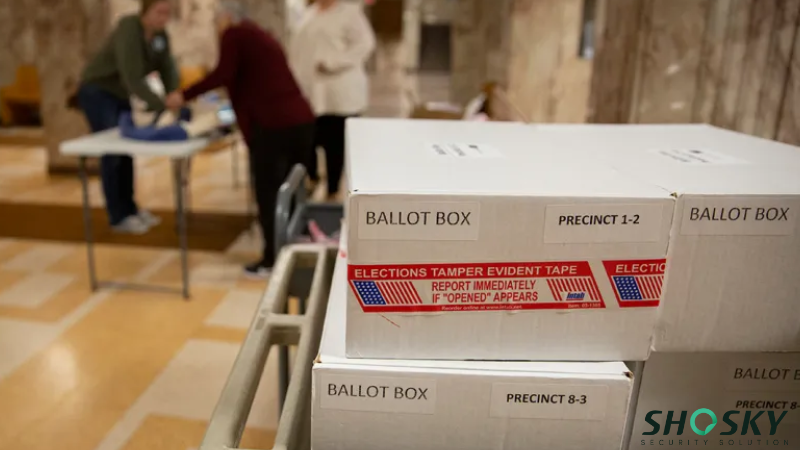 election security tape applied to ballet box for compliance