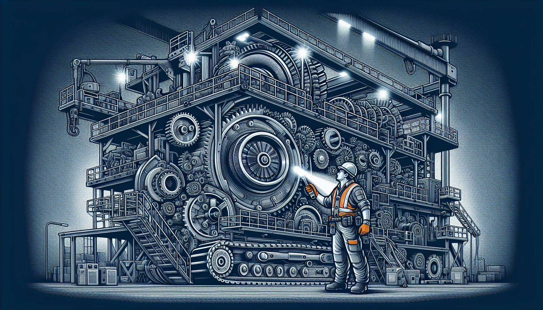 Illustration of a machine operator inspecting heavy manufacturing equipment
