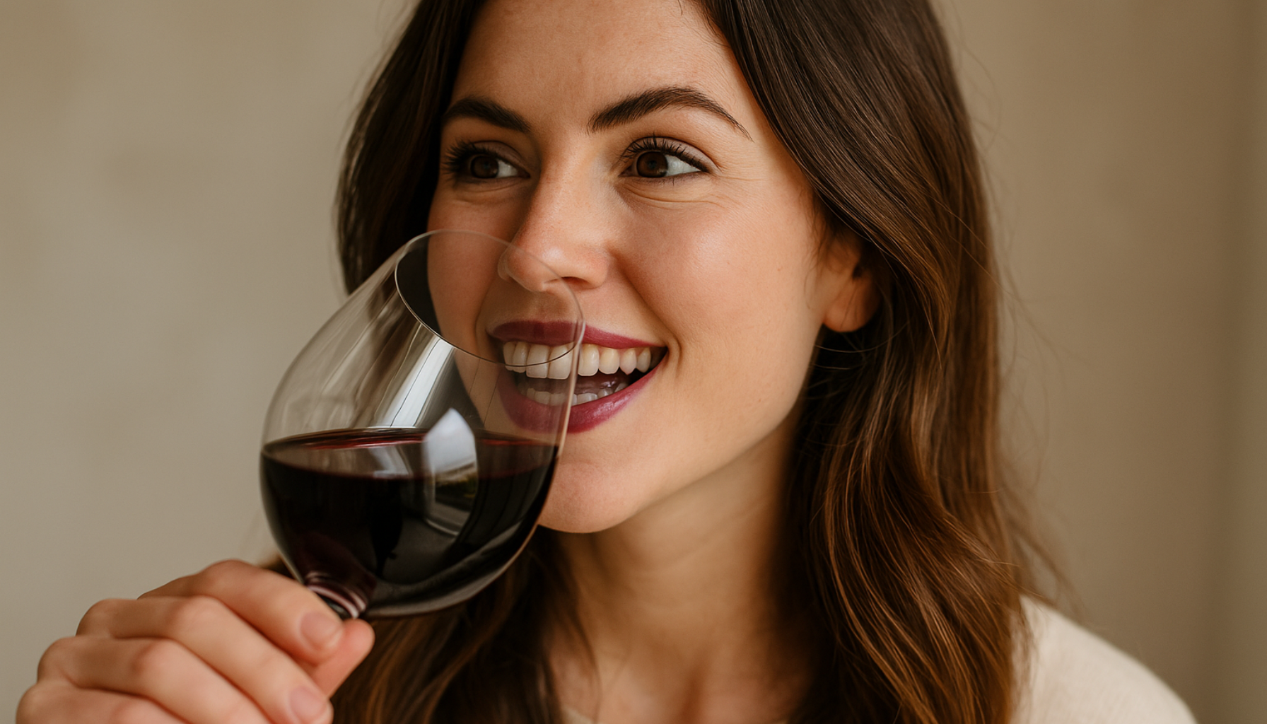 Ung kvinne smiler og drikker rødvin fra vinglass.