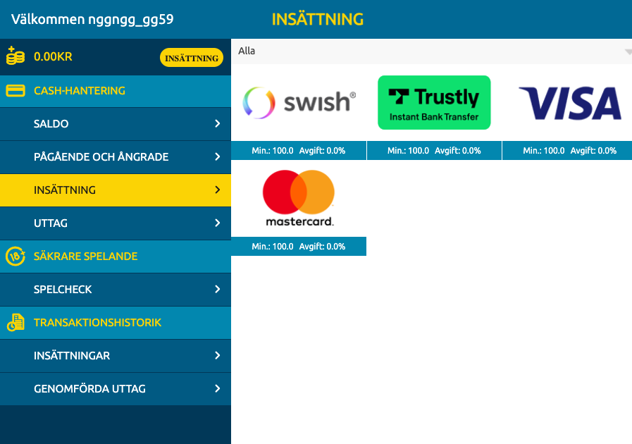 EUcasino insättningssida med Swish, Trustly, Visa och Mastercard på online casino med svensk licens