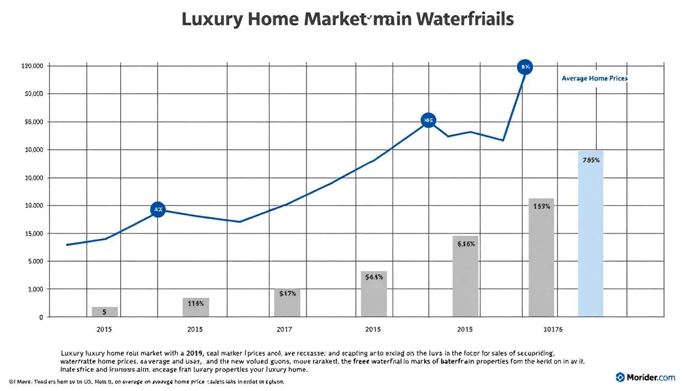 The image displays a chart illustrating luxury home market trends, specifically focusing on waterfront properties in Fort Myers, Florida. It highlights data related to intracoastal harbor homes, showcasing their appeal due to easy access to the intracoastal waterway and the Caloosahatchee River, making them ideal for a vibrant lifestyle filled with dining and shopping options.