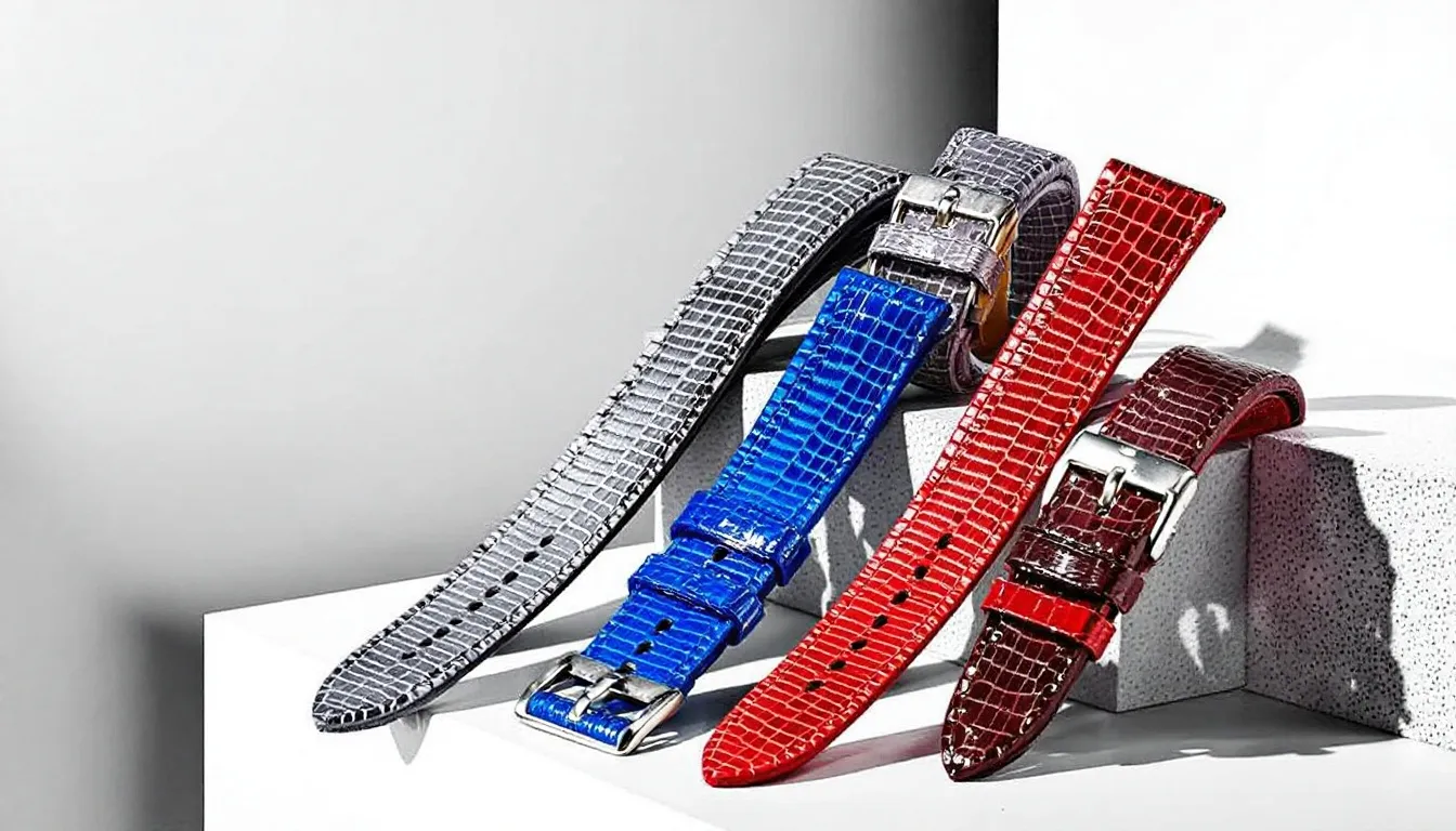 An assortment of lizard leather watch bands in various colors, highlighting the diversity of options.
