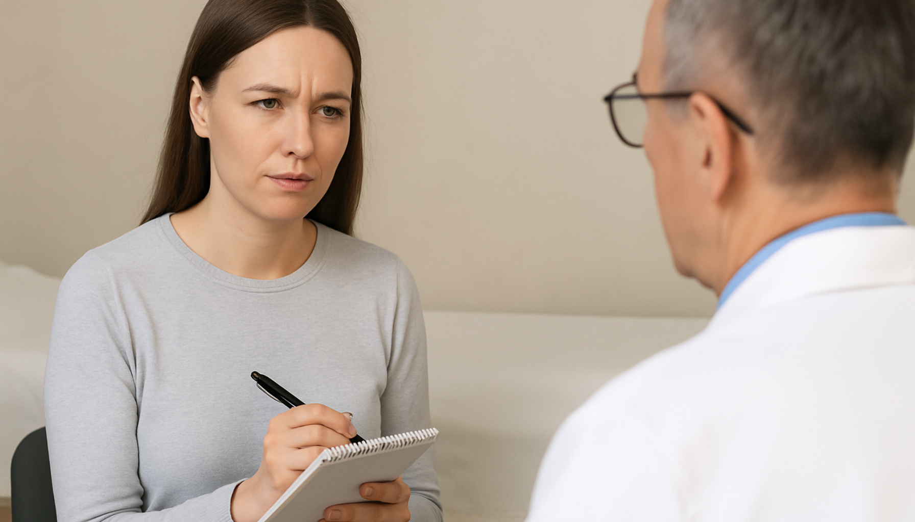 Kvinne forbereder seg til legetime ved å skrive notater mens hun snakker med lege i hvit frakk i et nøytralt rom.