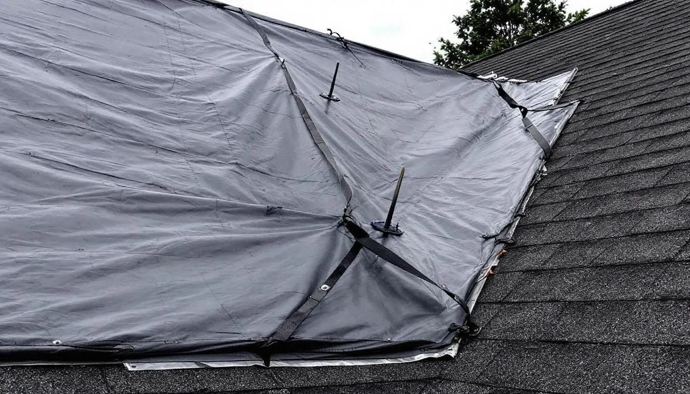 The image depicts a properly tarped section of a roof, showcasing effective coverage and securing methods to prevent leaks. This temporary solution is essential for addressing potential roof damage, particularly in areas with missing or damaged shingles.
