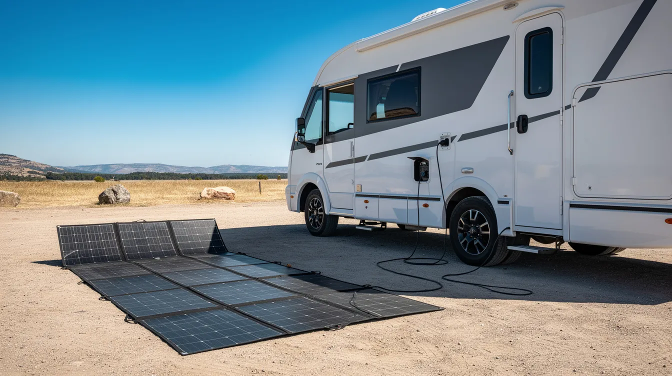 The image shows folding solar panels set up beside an RV, soaking in bright sunlight, ideal for solar charging. This portable power solution is perfect for camping trips, providing reliable power for devices like laptops and phones through a jackery portable power station.