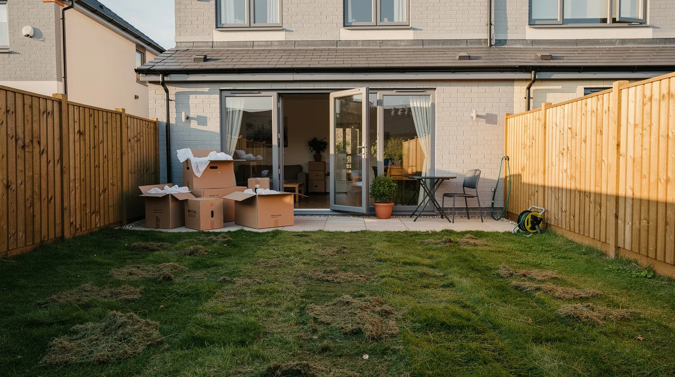 The image depicts a young couple's new-build home back garden in the UK, featuring a modest, slightly patchy lawn under warm late-summer daylight, with moving boxes near the patio doors, creating an inviting, lived-in atmosphere. This scene reflects common lawn care challenges for new homeowners, showcasing the potential for a healthy lawn with proper maintenance and lawn advice.