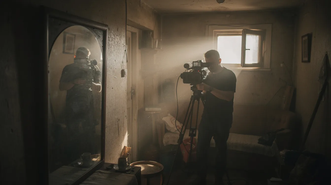 In einer engen, schwach beleuchteten Wohnung filmt ein Kameramann, während im Vordergrund ein Spiegel das Geschehen verdoppelt. Warmes, aber trübes Licht strömt durch ein einzelnes Fenster und schafft eine melancholische Atmosphäre, die an die düstere Handlung von Gotham City erinnert.