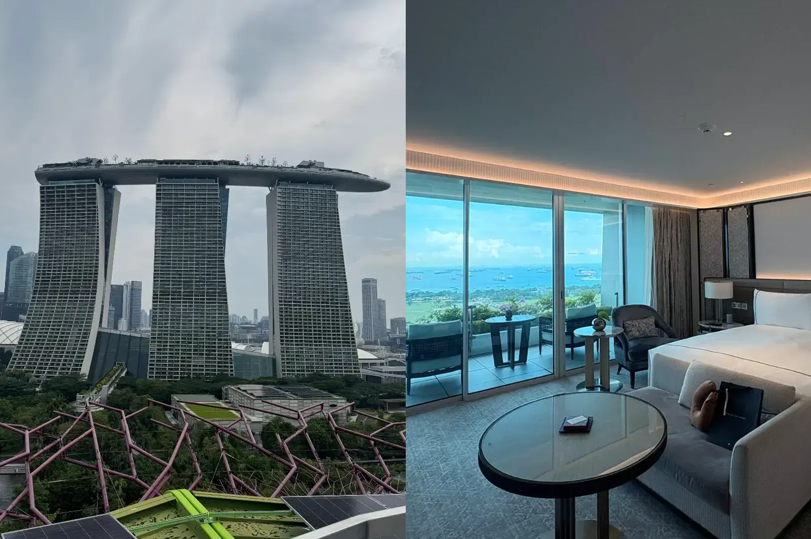 Marina Bay Sands exterior with iconic rooftop structure alongside a hotel room with floor-to-ceiling windows and harbor views
