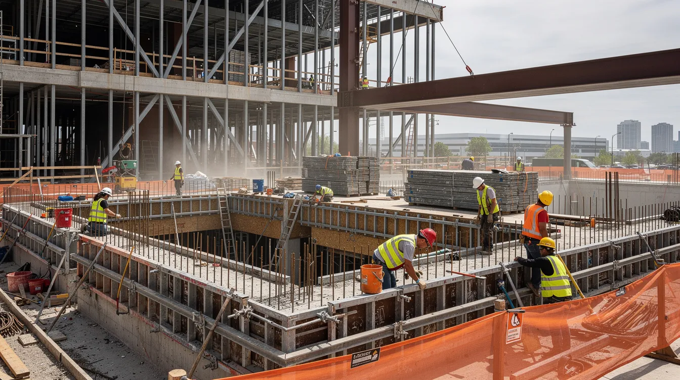 Commercial construction workers in hard hats and safety vests assemble steel framing and concrete formwork on an active jobsite.