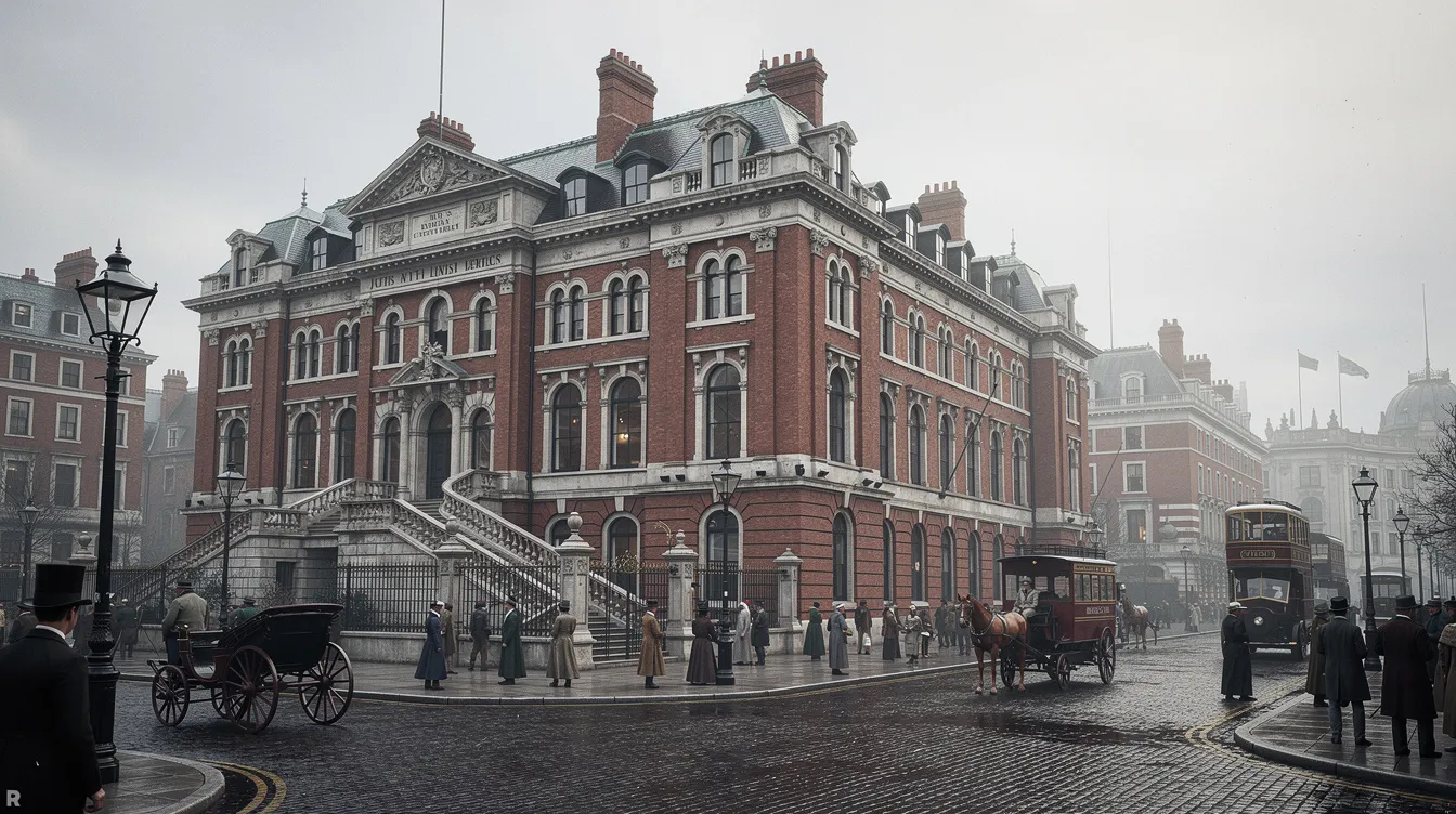 Das Bild zeigt ein viktorianisches Gerichtsgebäude aus rotem Backstein im Londoner Stil der 1890er Jahre, das durch hohe Bogenfenster gekennzeichnet ist. Vor dem Gebäude erstreckt sich eine belebte Straße, die von Menschen und Fahrzeugen belebt wird.