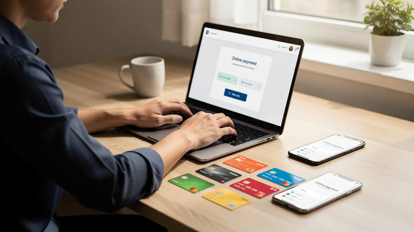 A person is sitting at a desk using a laptop, surrounded by credit cards and a smartphone, illustrating the setup for online payments. This scene reflects the importance of payment processing tools for online businesses, highlighting options like PayPal and Stripe for managing transactions and accepting payments.