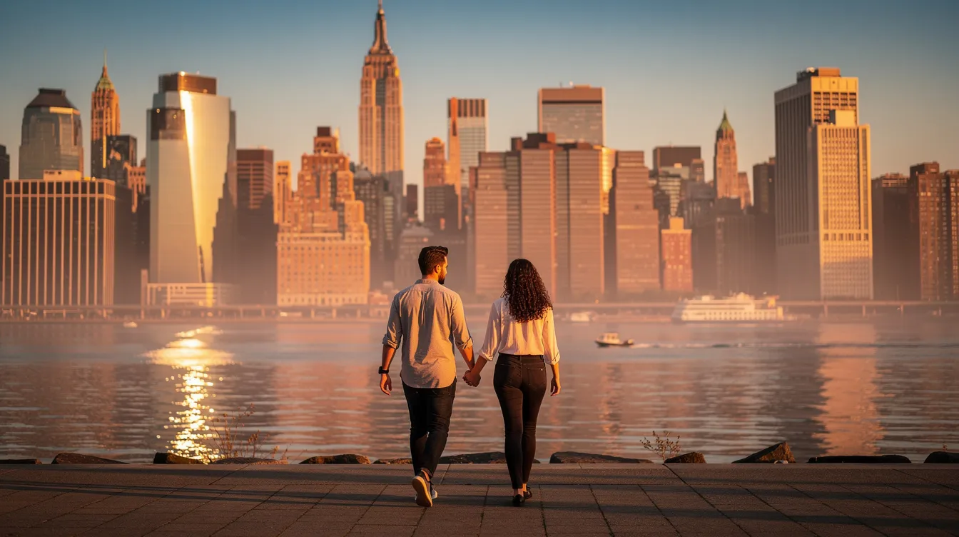 A couple strolls hand-in-hand along the NYC waterfront during golden hour, with the city skyline beautifully illuminated in the background. This romantic setting is perfect for a first date, creating an intimate atmosphere that invites deep conversation and connection.