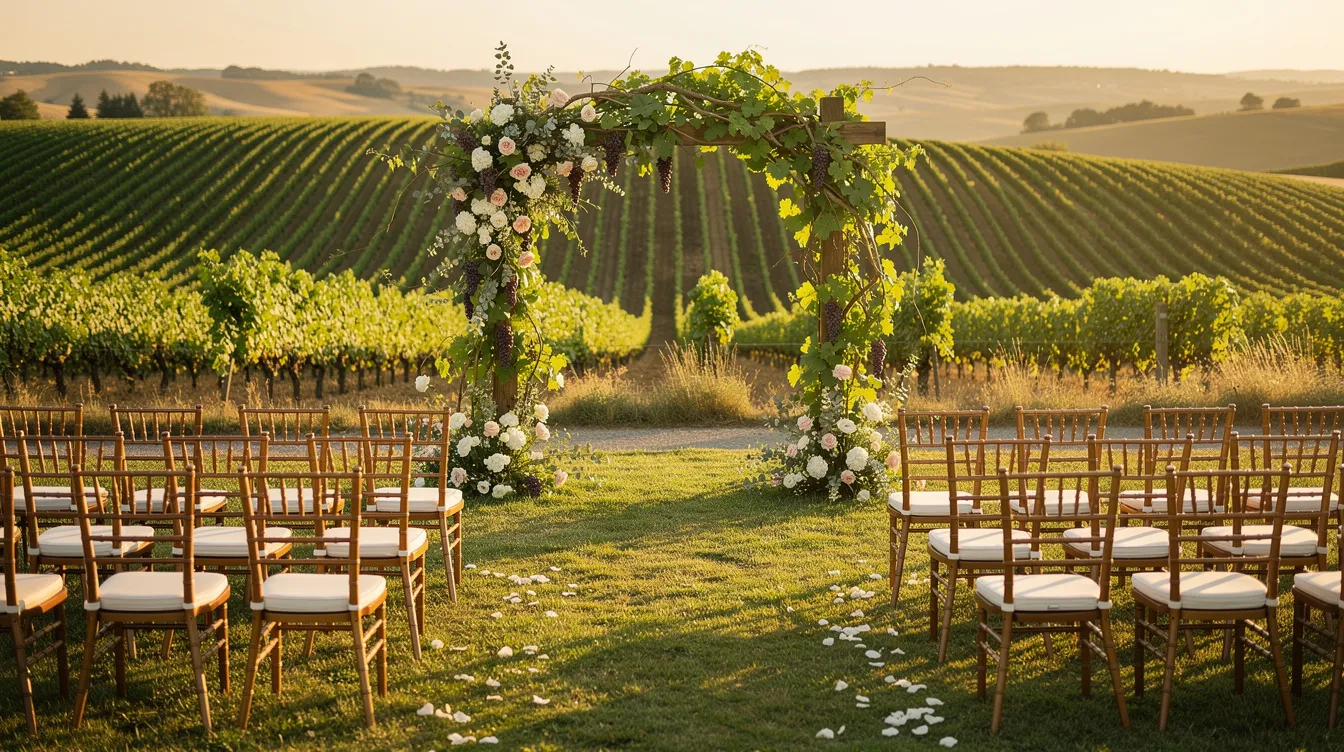 An outdoor vineyard wedding ceremony setup features rows of wooden chairs aligned towards a stunning floral arch adorned with grapevines, set against a backdrop of rolling green hills. This picturesque ceremony space creates an absolutely incredible atmosphere for intimate celebrations, making it a perfect choice for couples planning their special day.